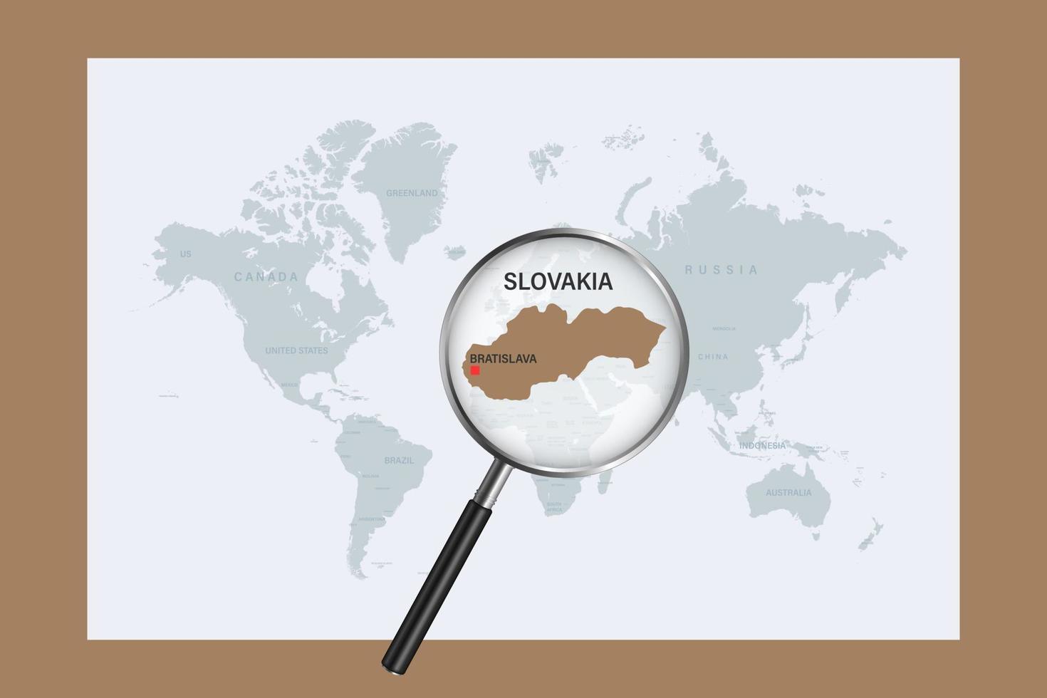 Map of Slovakia on political world map with magnifying glass vector