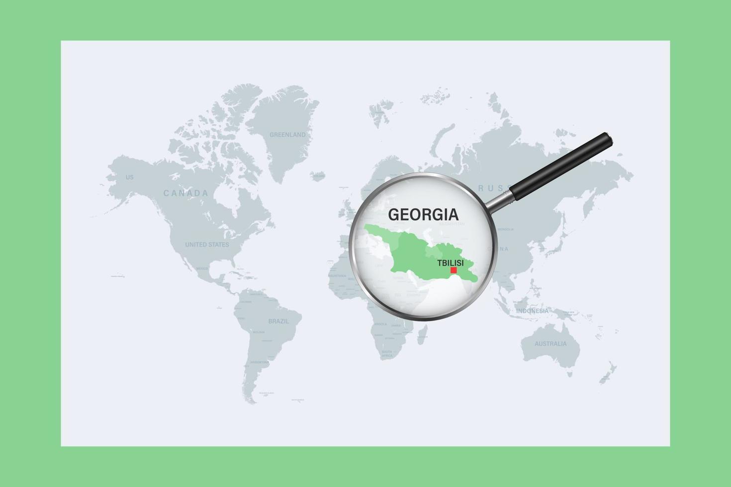 Map of Georgia on political world map with magnifying glass vector