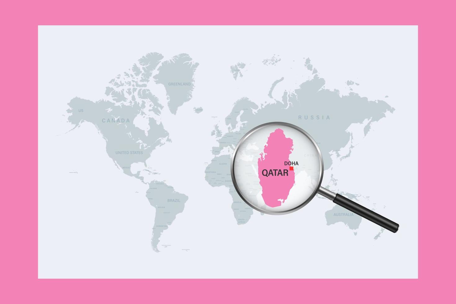 Map of Qatar on political world map with magnifying glass vector