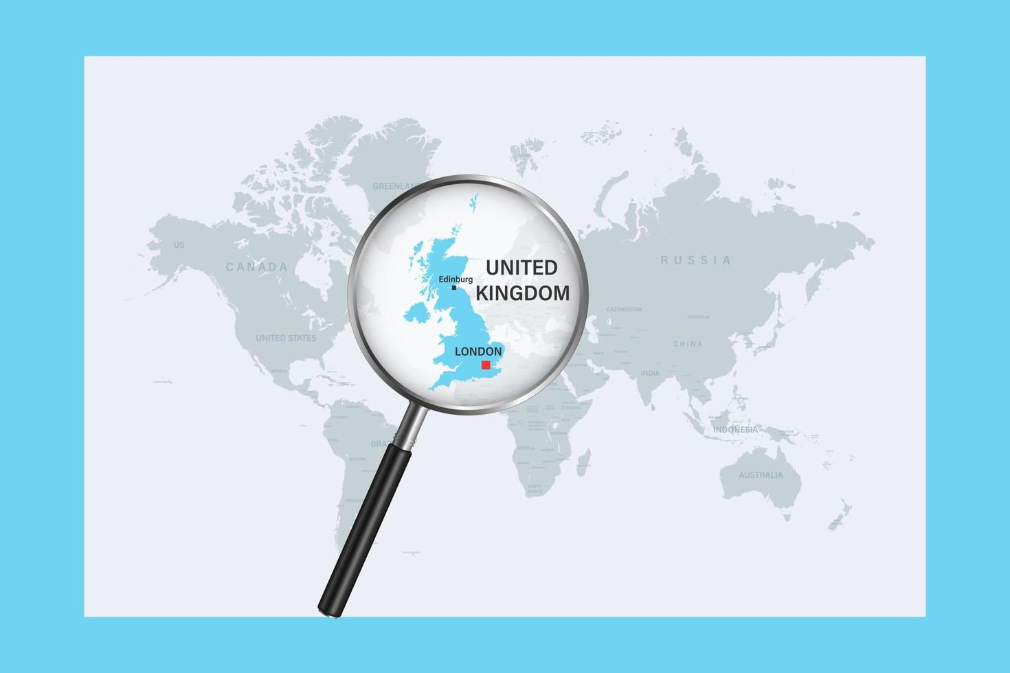 Map of United Kingdom on political world map with magnifying glass vector