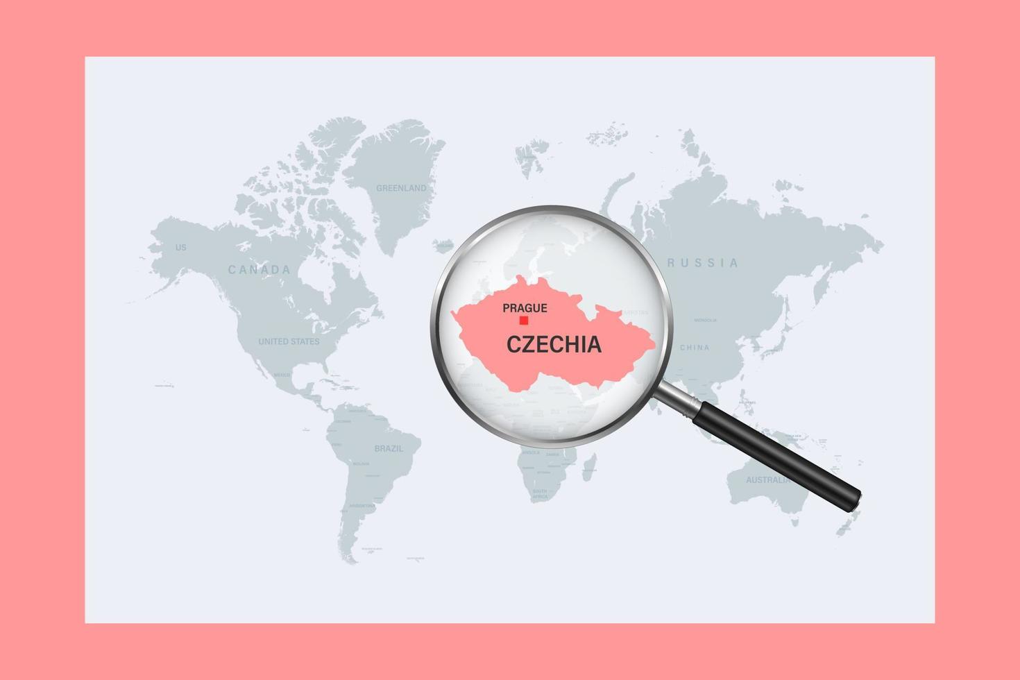 Map of Czechia on political world map with magnifying glass vector