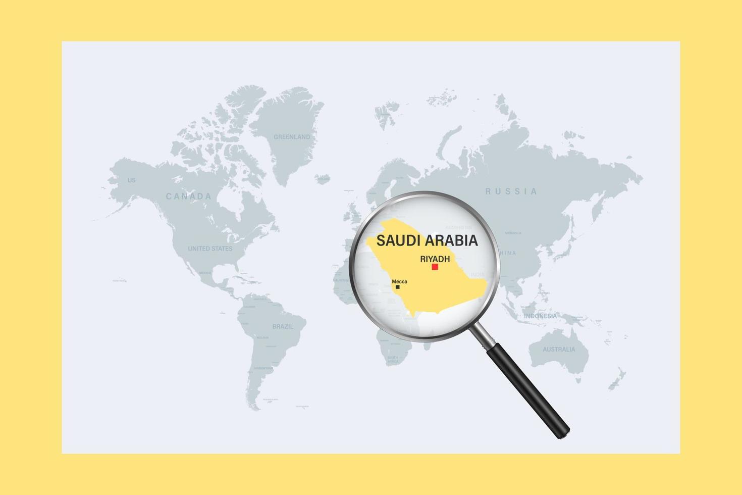 mapa de arabia saudita en el mapa político del mundo con lupa vector