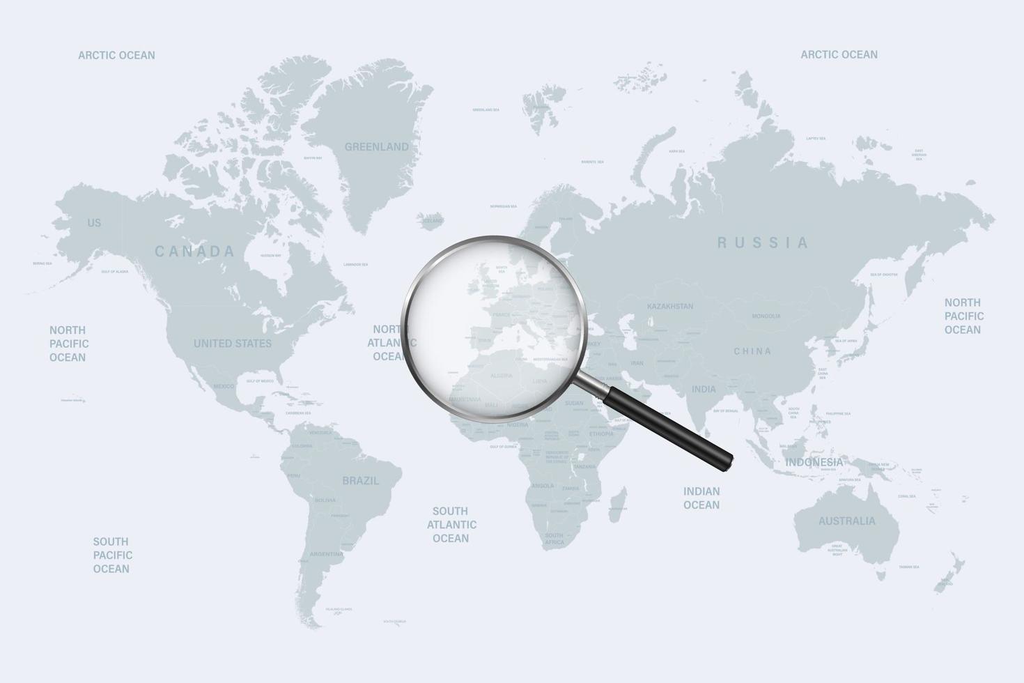 mapa político detallado del mundo con países y lupa vector