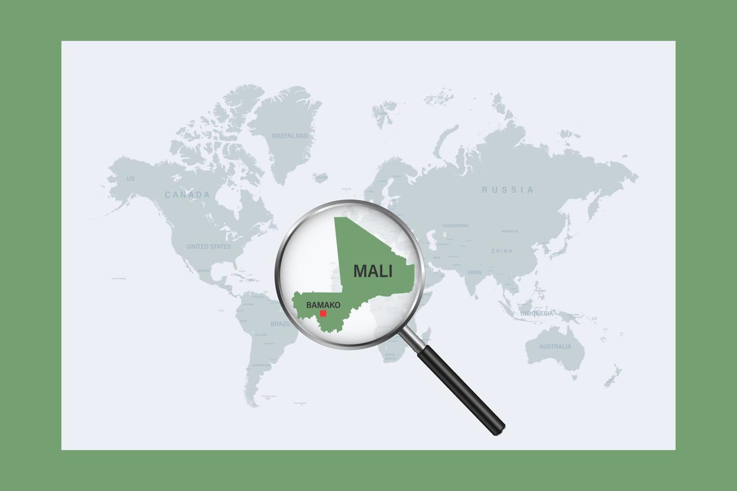 Map of Mali on political world map with magnifying glass vector