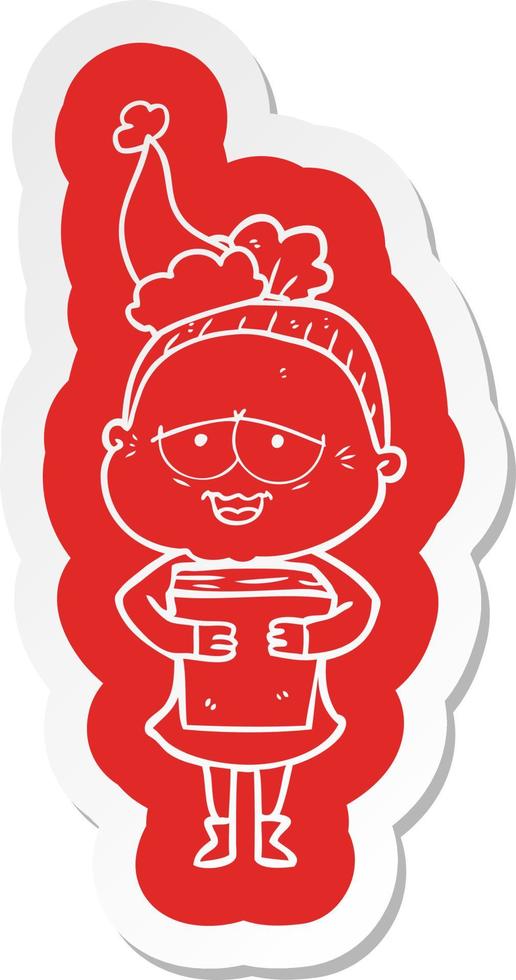 cartoon  sticker of a happy old lady wearing santa hat vector