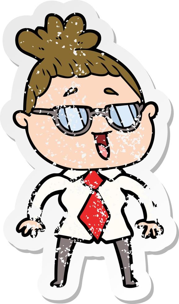 distressed sticker of a cartoon happy woman wearing spectacles vector