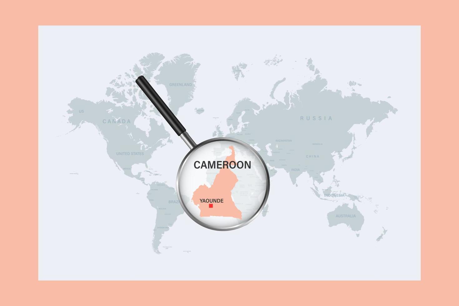 Map of Cameroon political world map with magnifying glass vector