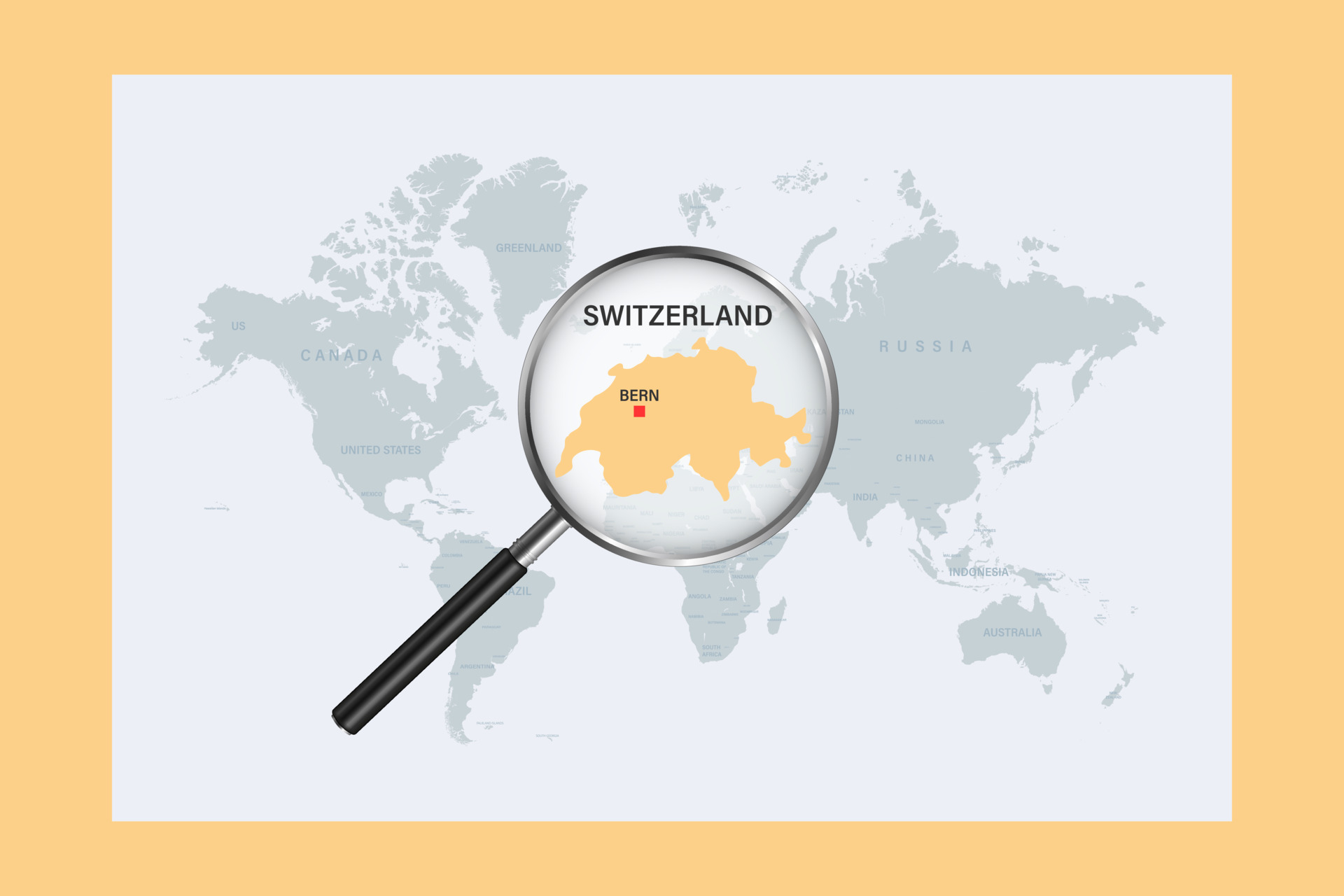 Map Of Switzerland On Political World Map With Magnifying Glass Map Of Switzerland On Political World Map With Magnifying Glass Vector 