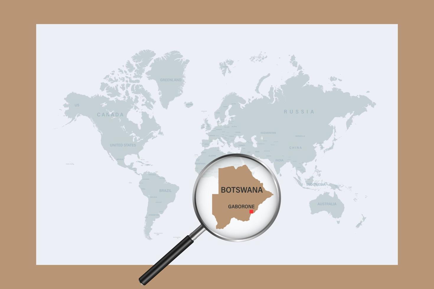 Map of Botswana on political world map with magnifying glass vector