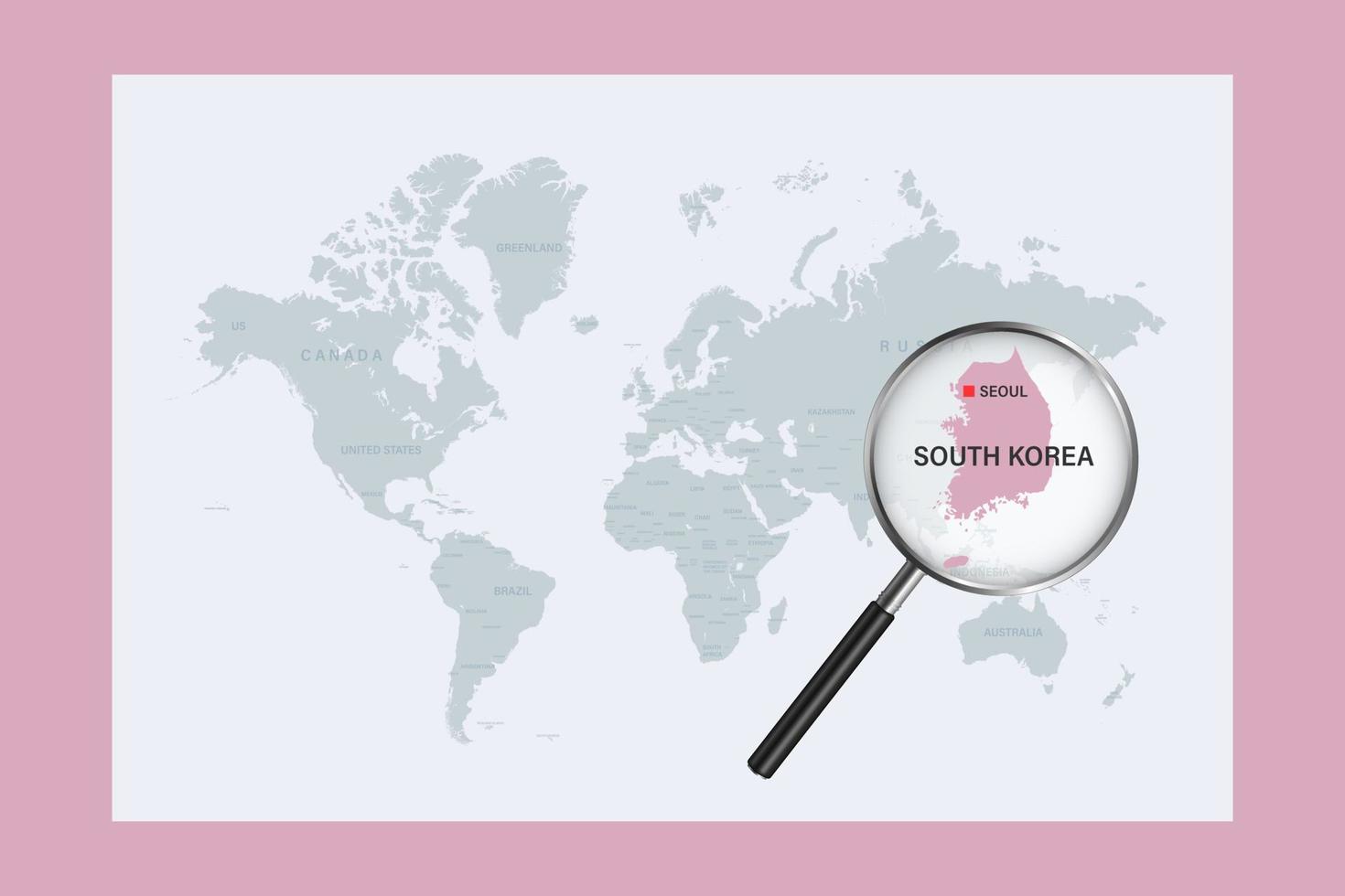 Map of South Korea on political world map with magnifying glass vector