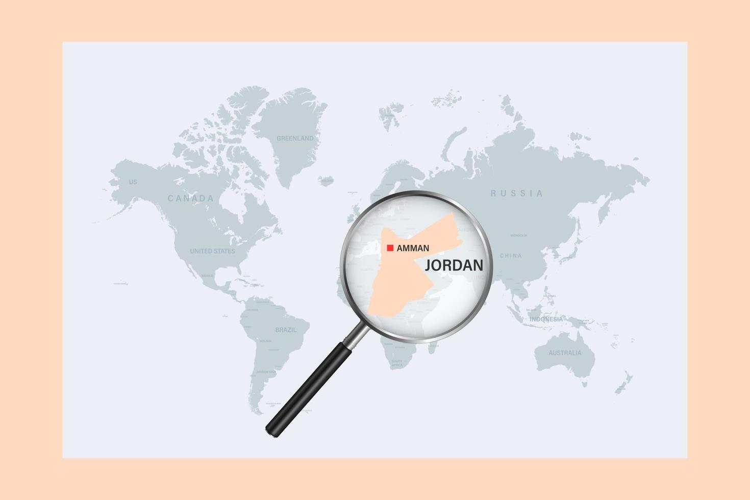 Map of Jordan on political world map with magnifying glass vector