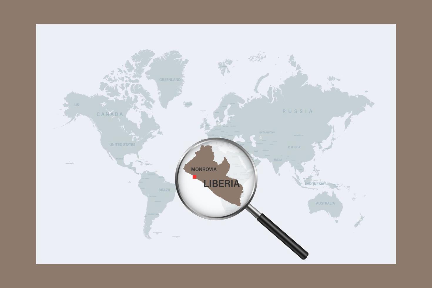 Map of Liberia on political world map with magnifying glass vector
