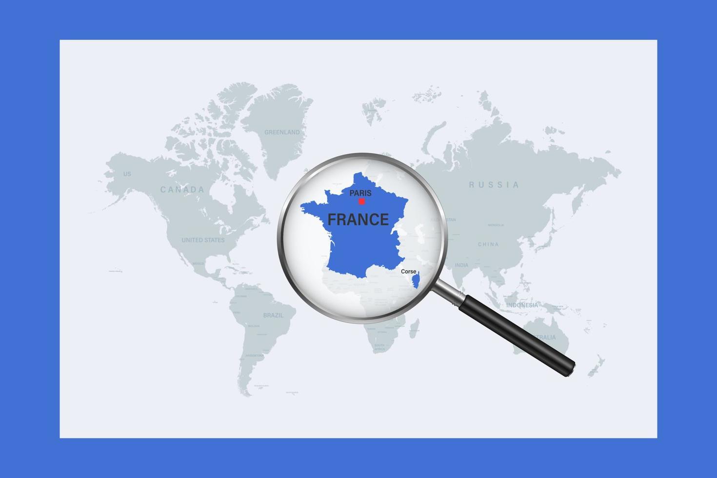 Map of France on political world map with magnifying glass vector