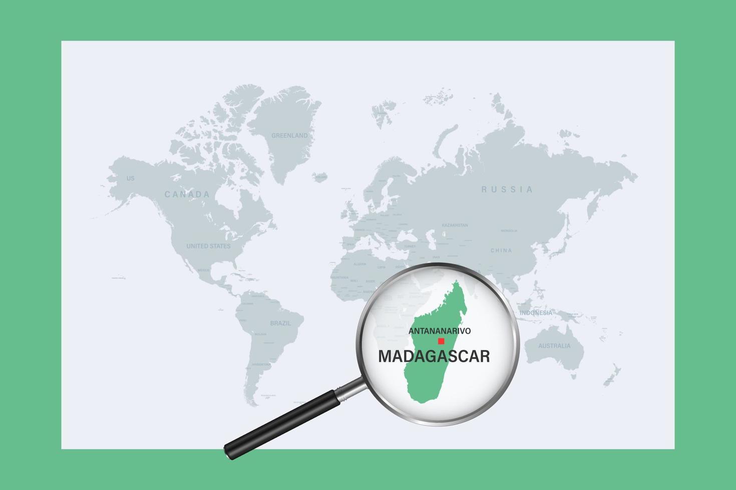 Map of Madagascar on political world map with magnifying glass vector