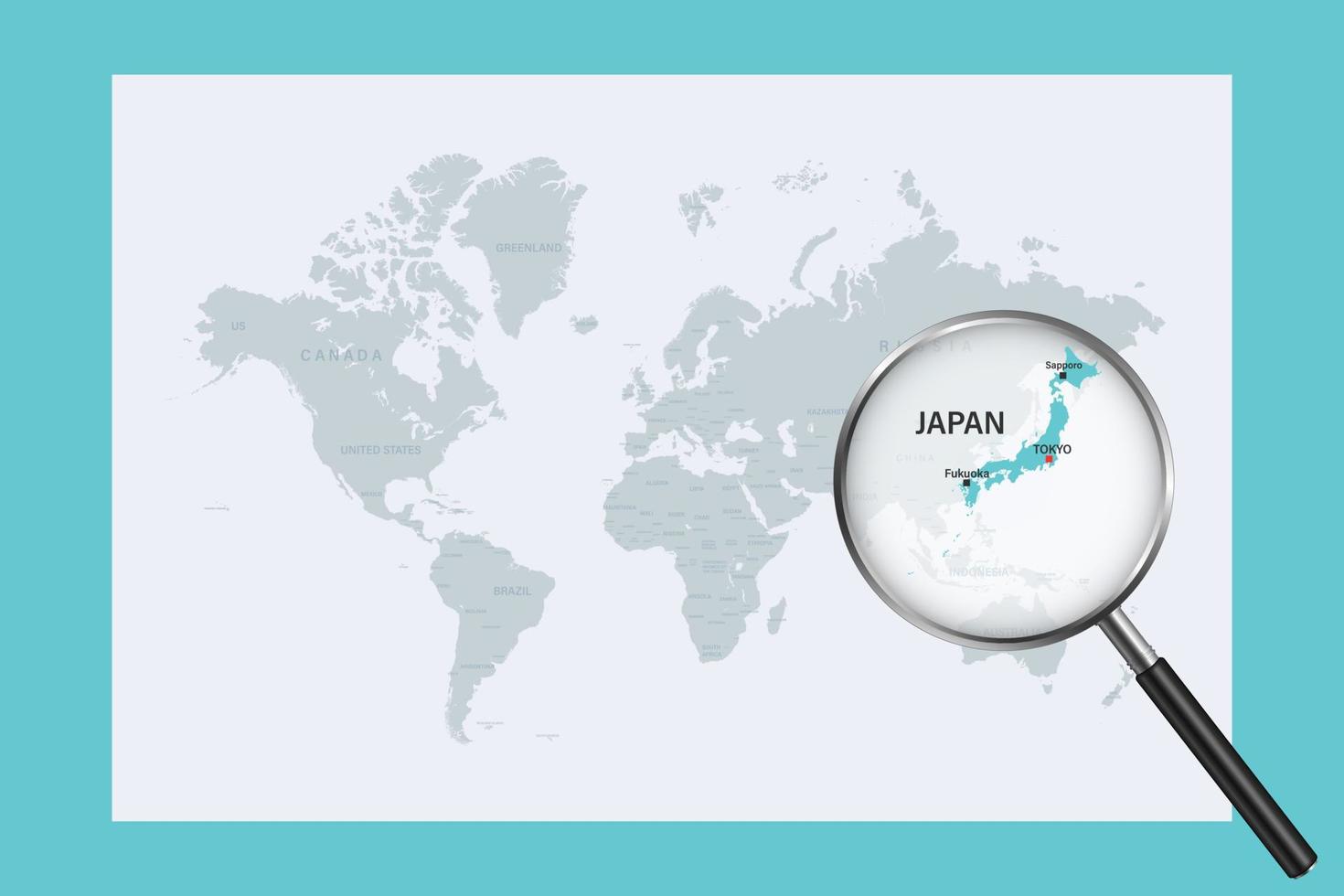 Map of Japan on political world map with magnifying glass vector