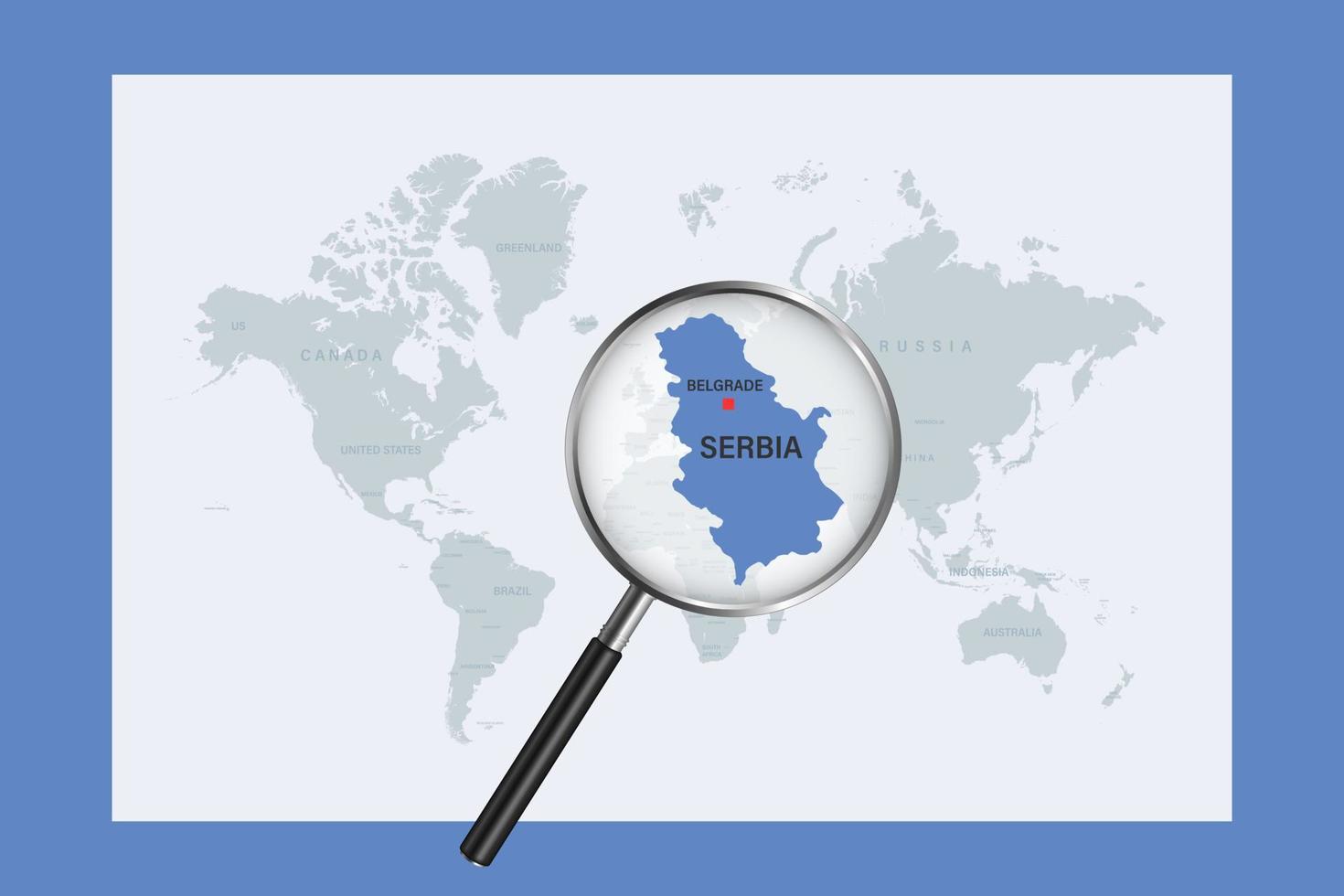 Map of Serbia on political world map with magnifying glass vector