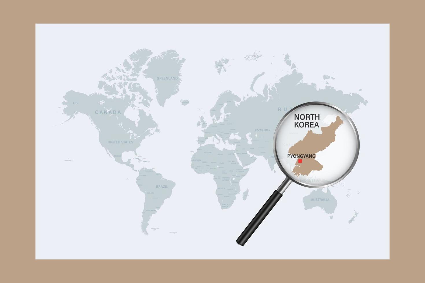 mapa de corea del norte en el mapa político del mundo con lupa vector