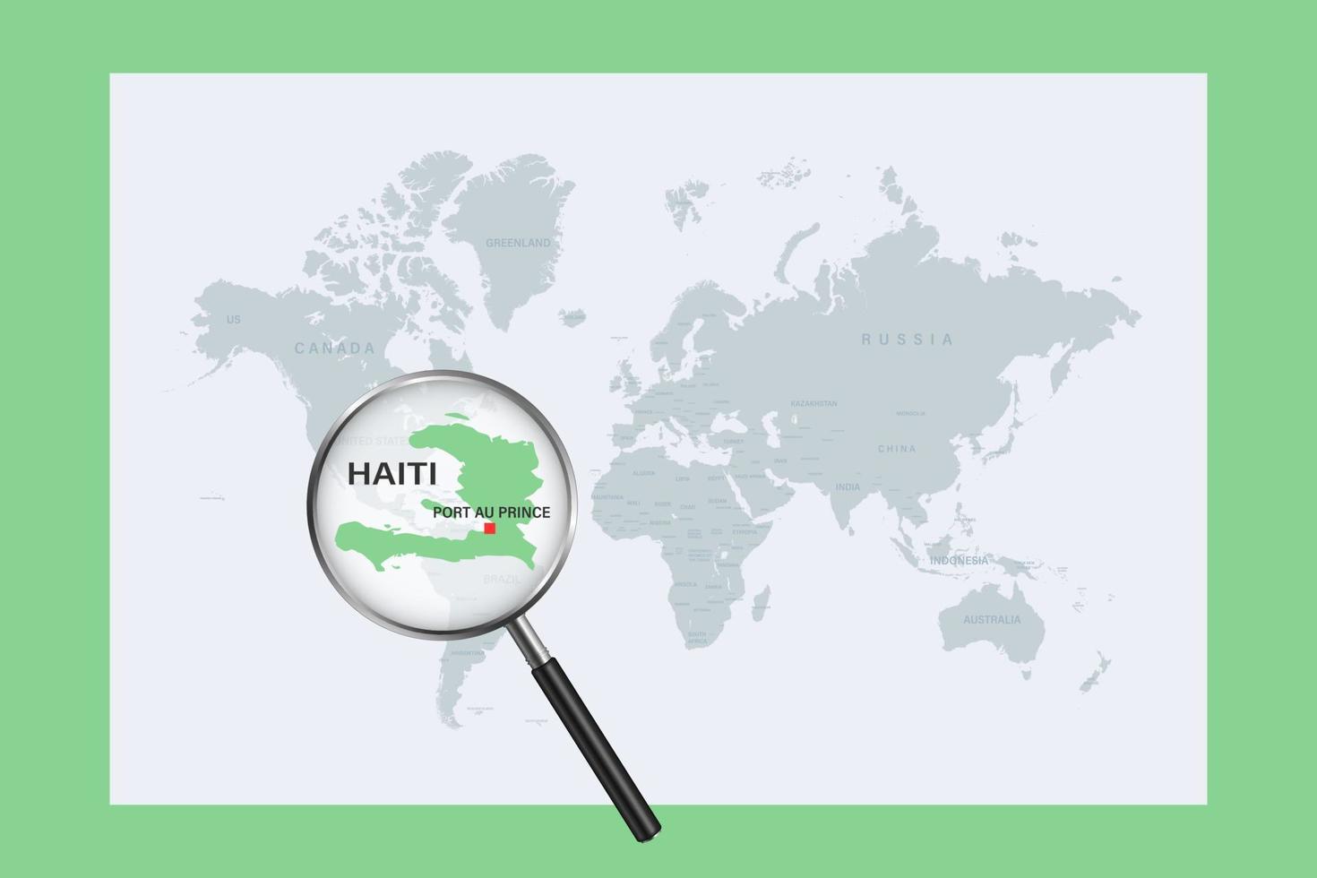 Map of Haiti on political world map with magnifying glass vector