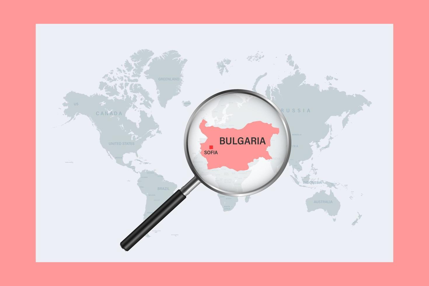 Map of Bulgaria on political world map with magnifying glass vector