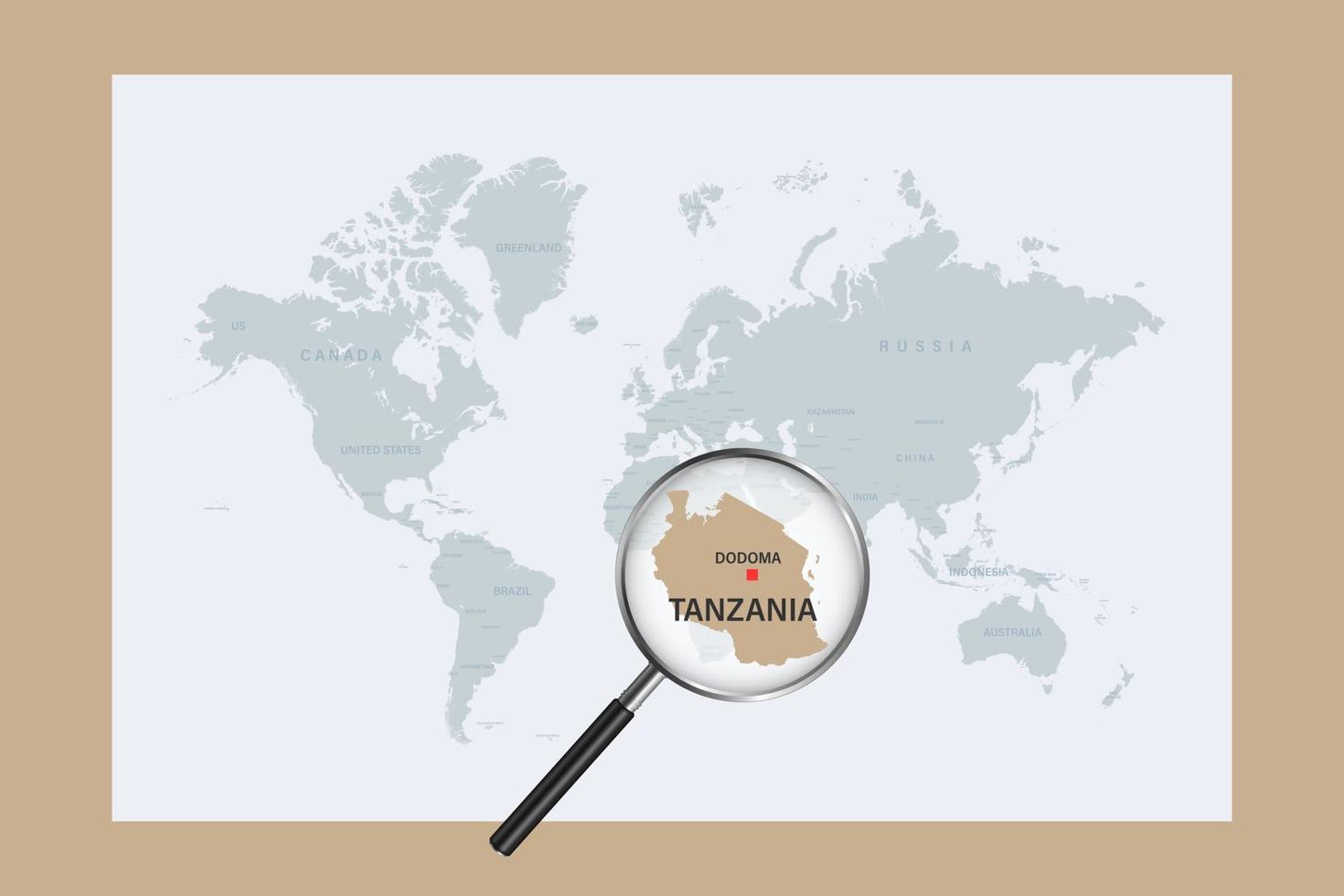 Map of Tanzania on political world map with magnifying glass vector