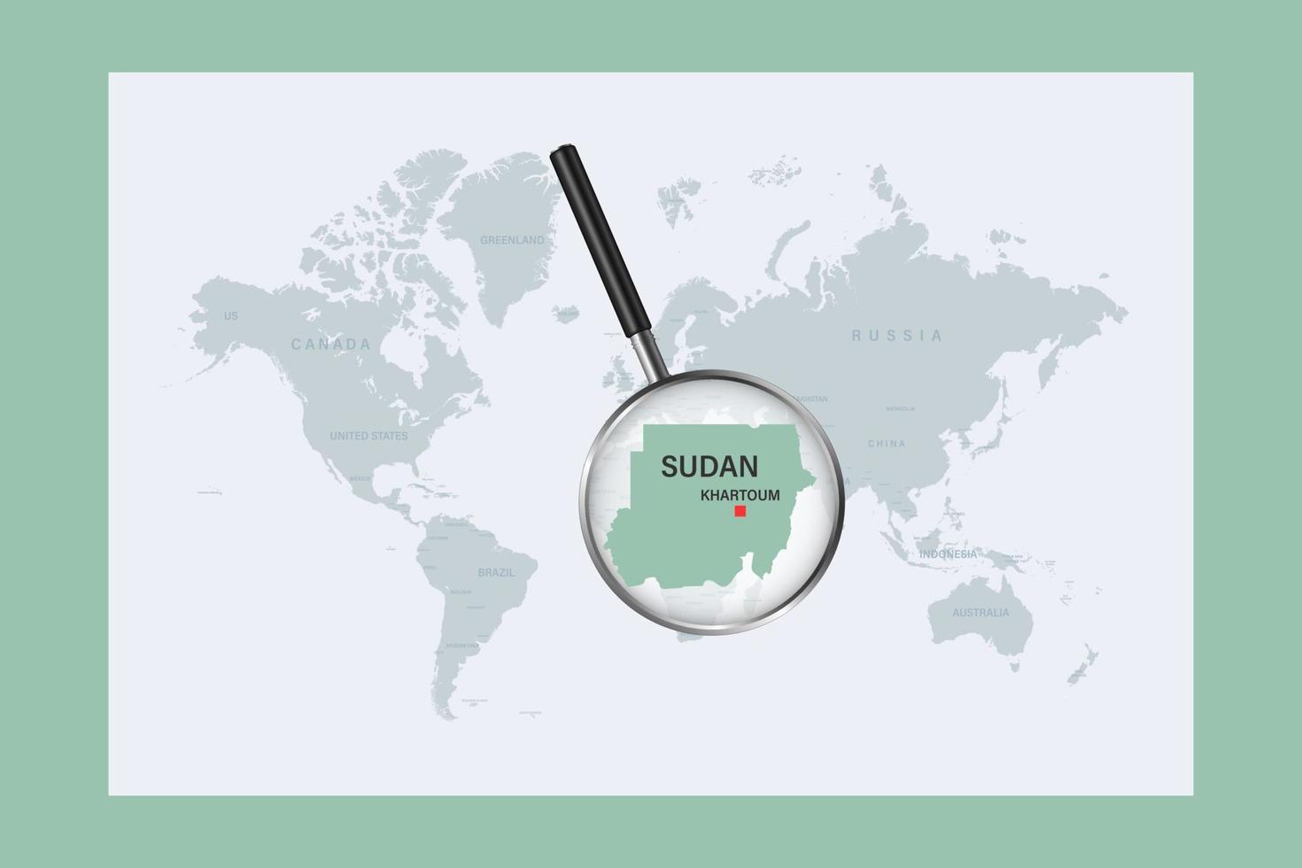 Map of Sudan on political world map with magnifying glass vector