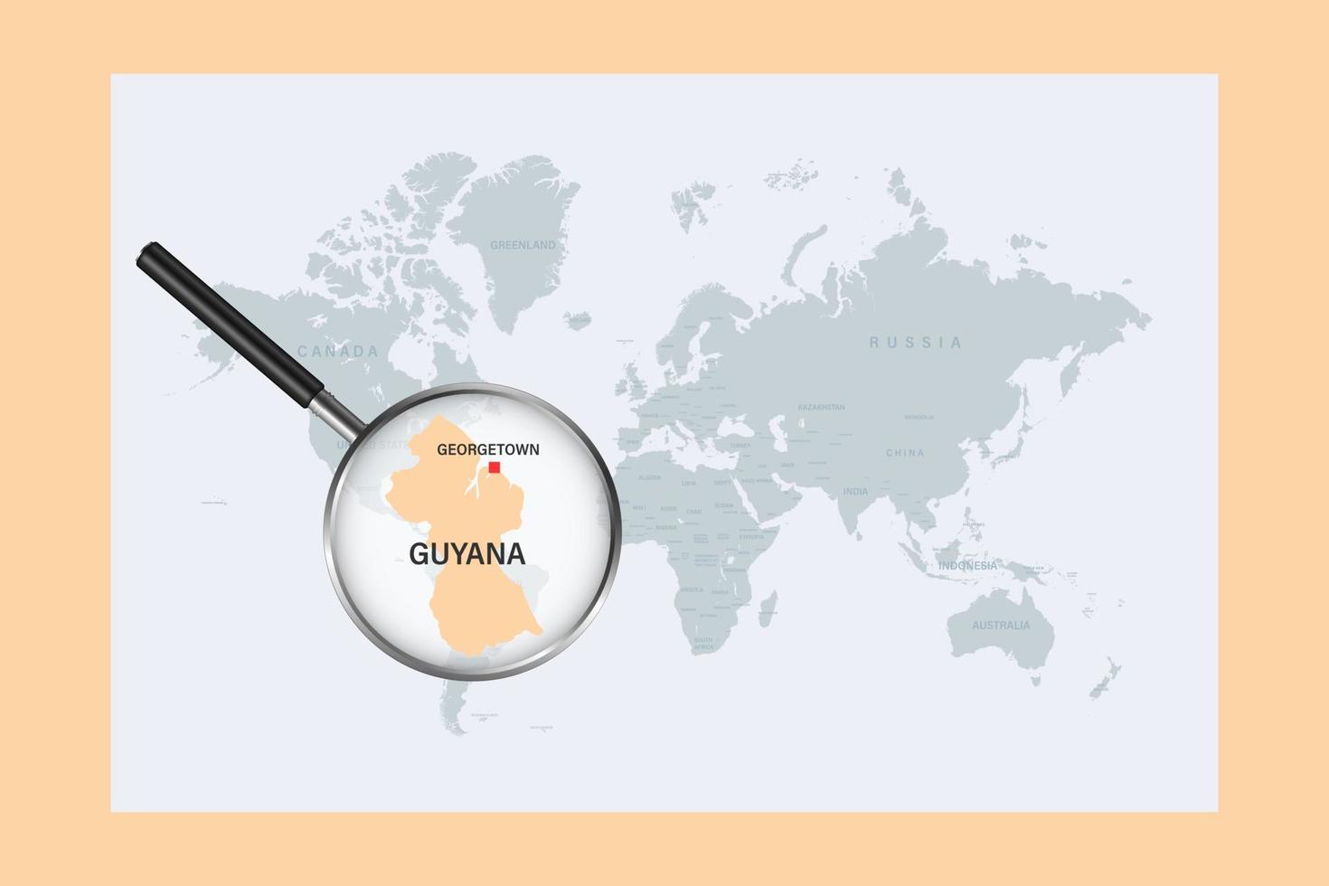 Map of Guyana on political world map with magnifying glass vector
