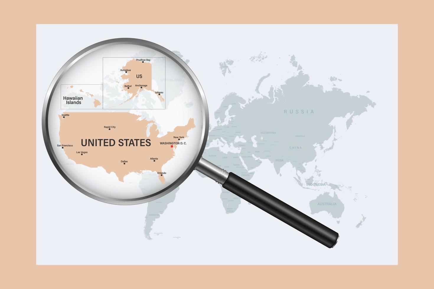 Map of United States of America on political world map with magnifying glass vector
