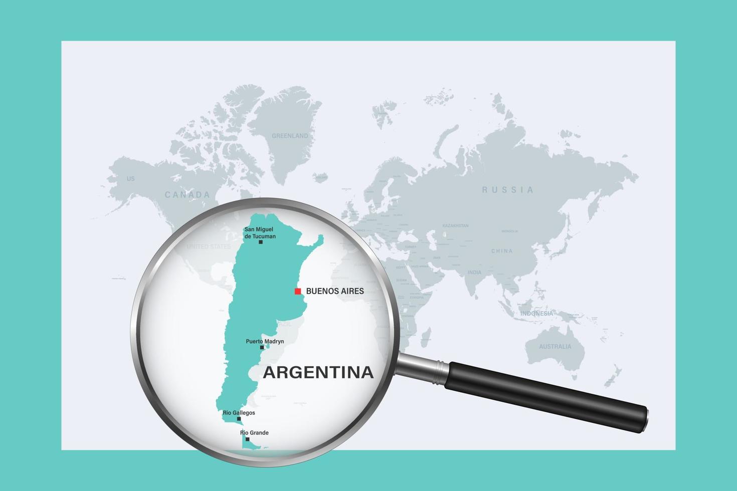 Map of Argentina on political world map with magnifying glass vector