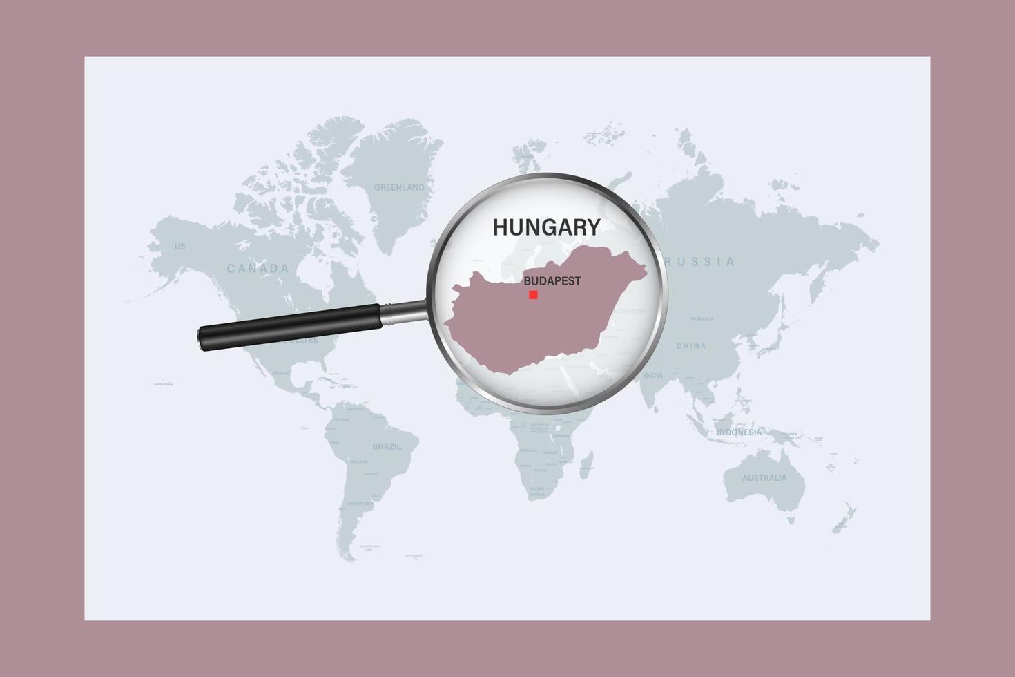 Map of Hungary on political world map with magnifying glass vector