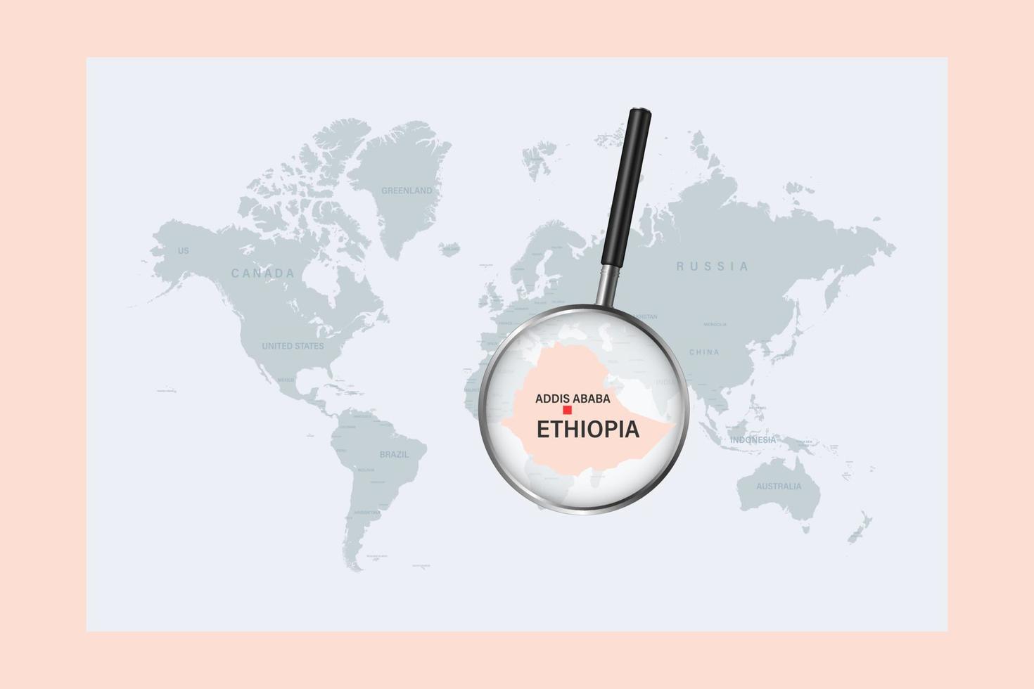Map of Ethiopia on political world map with magnifying glass vector