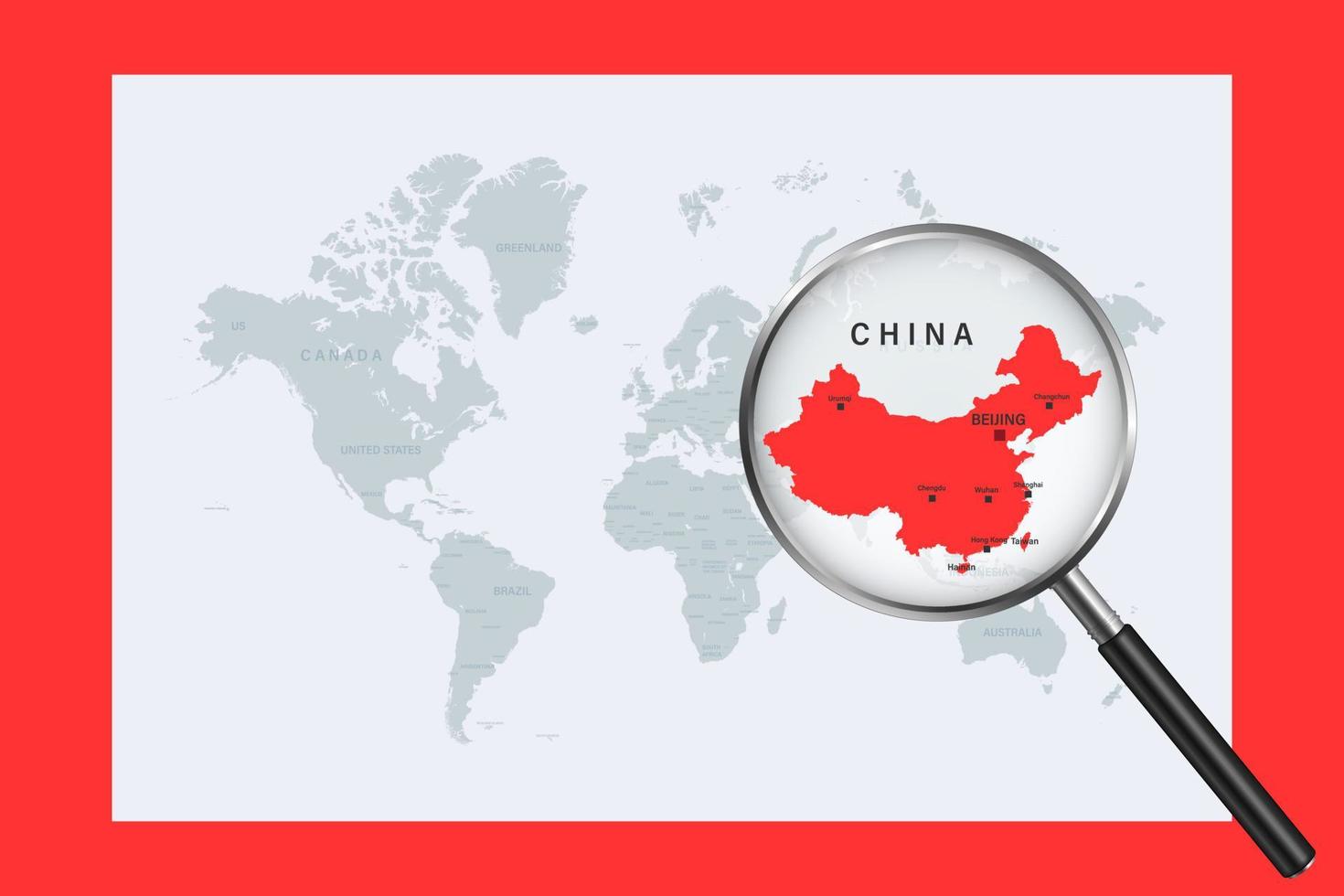 Map of China on political world map with magnifying glass vector