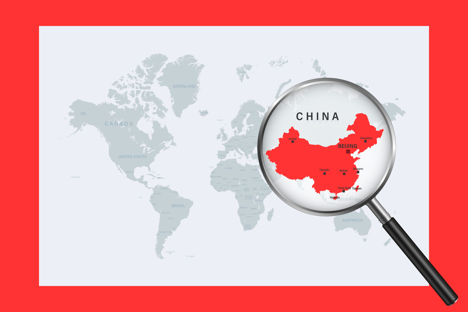 map-of-china-on-political-world-map-with-magnifying-glass-10410581