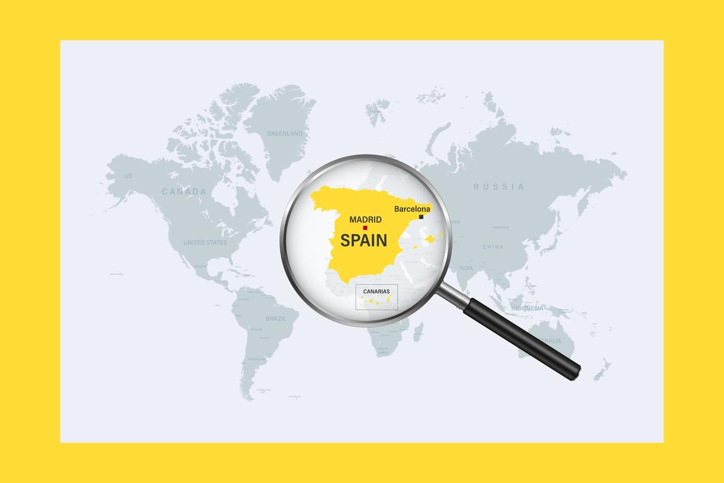 Map of Spain on political world map with magnifying glass vector