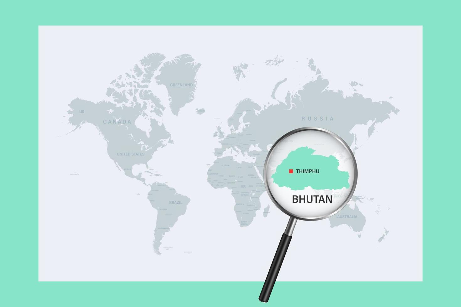 Map of Bhutan on political world map with magnifying glass vector