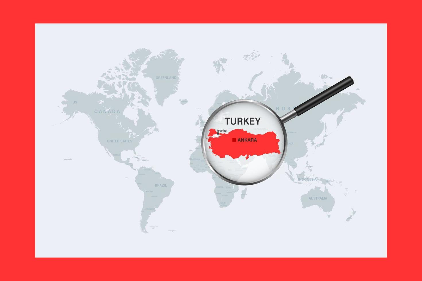 Map of Turkey on political world map with magnifying glass vector