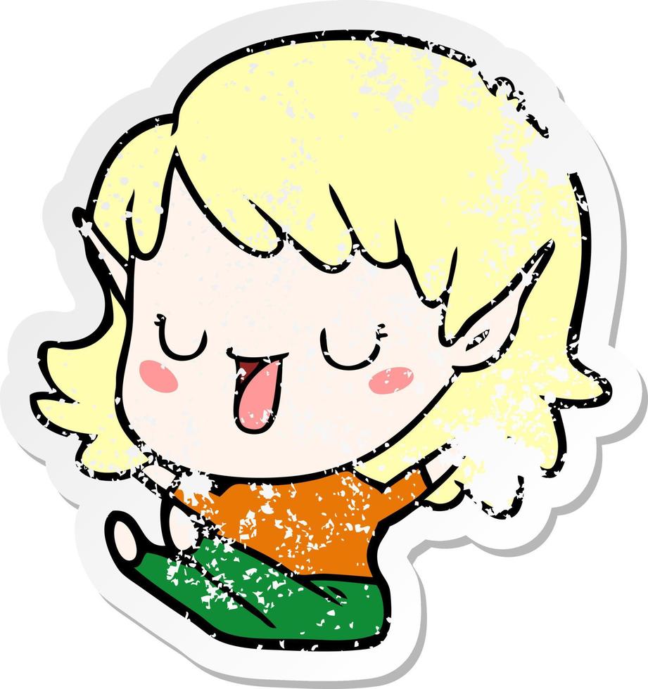 distressed sticker of a cartoon elf girl vector