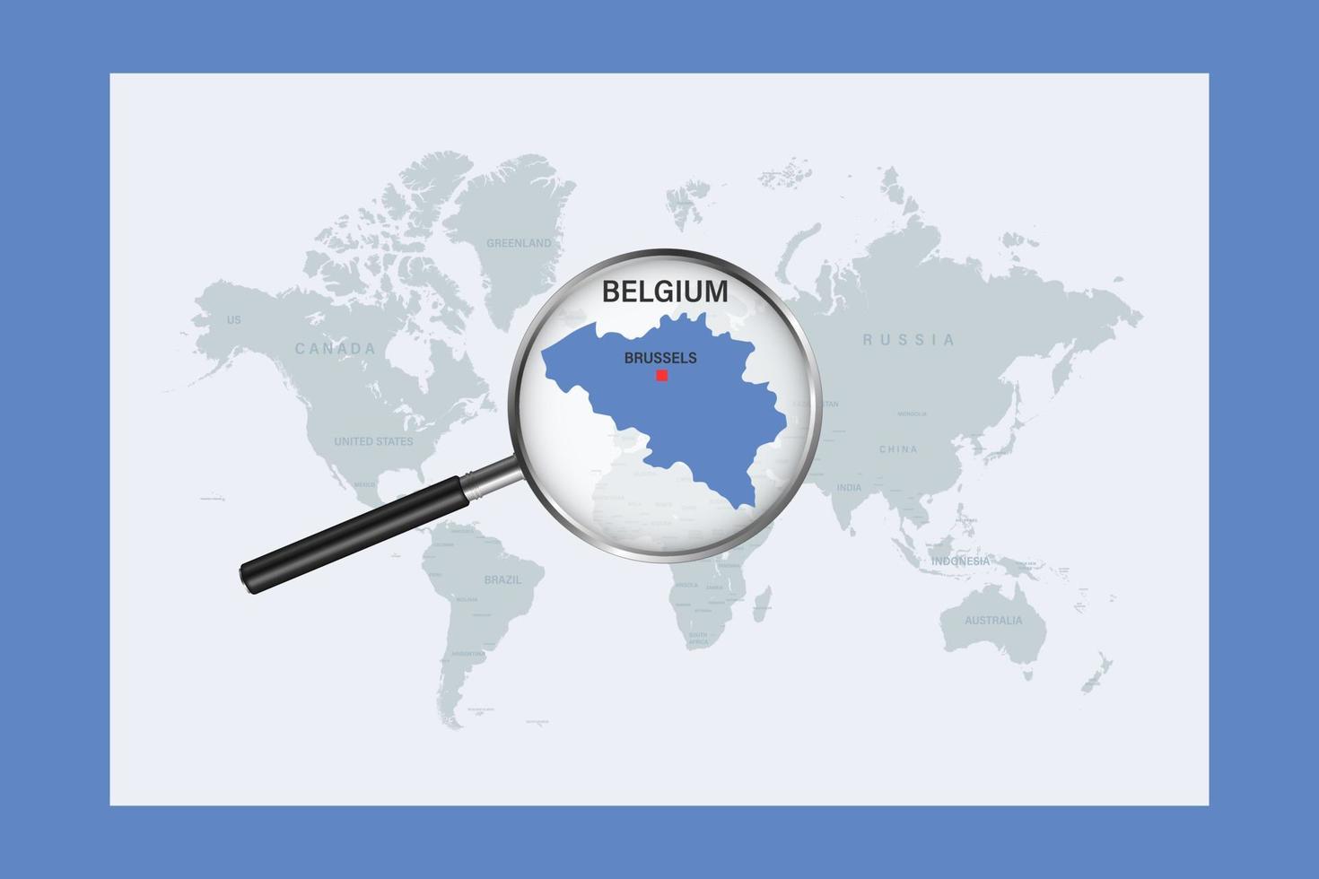 Map of Belgium on political world map with magnifying glass vector