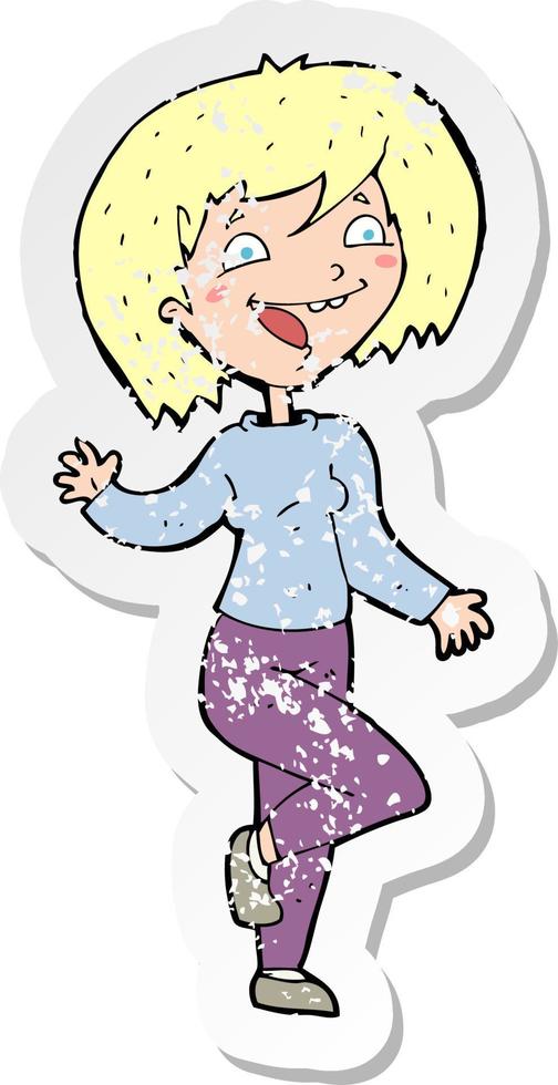 retro distressed sticker of a cartoon laughing woman vector