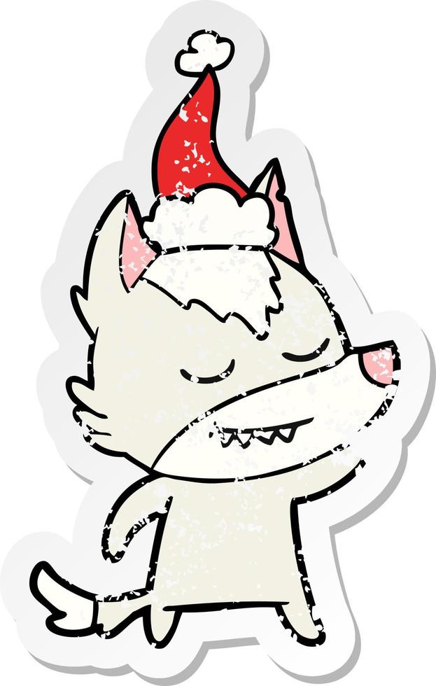 friendly distressed sticker cartoon of a wolf wearing santa hat vector