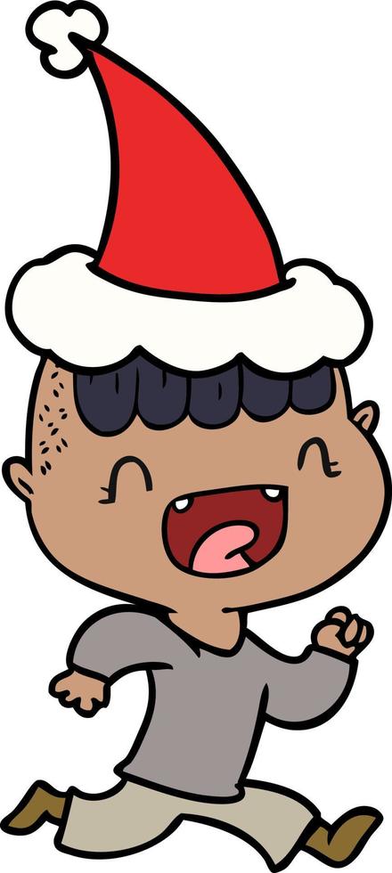 dibujo en línea de un niño feliz riendo y huyendo con sombrero de santa vector