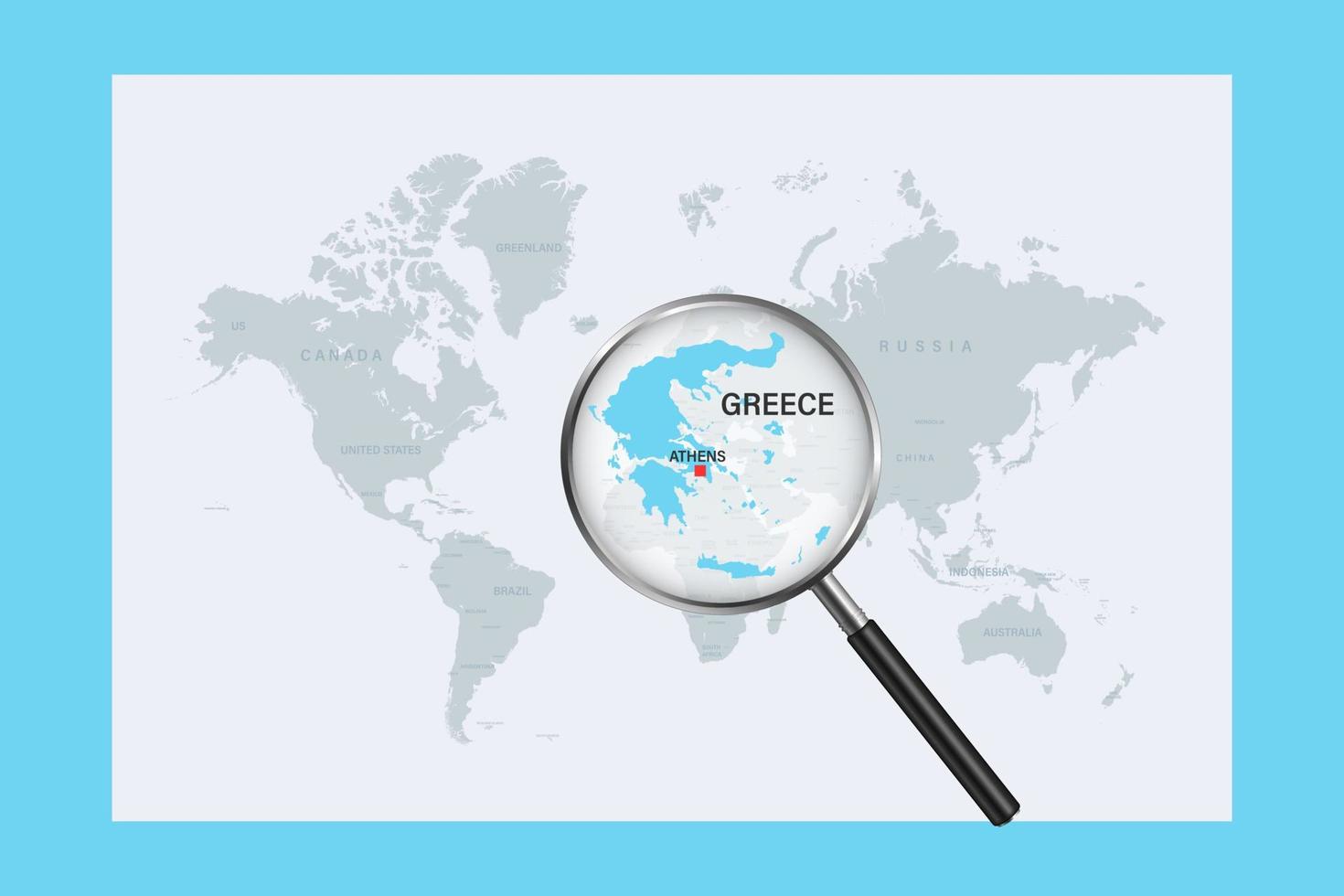 Map of Greece on political world map with magnifying glass vector