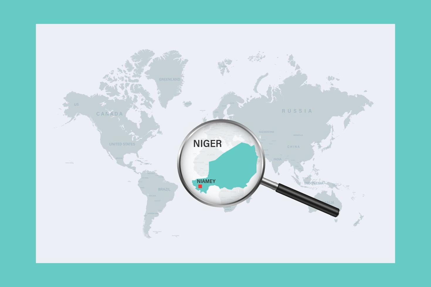 Map of Niger on political world map with magnifying glass vector