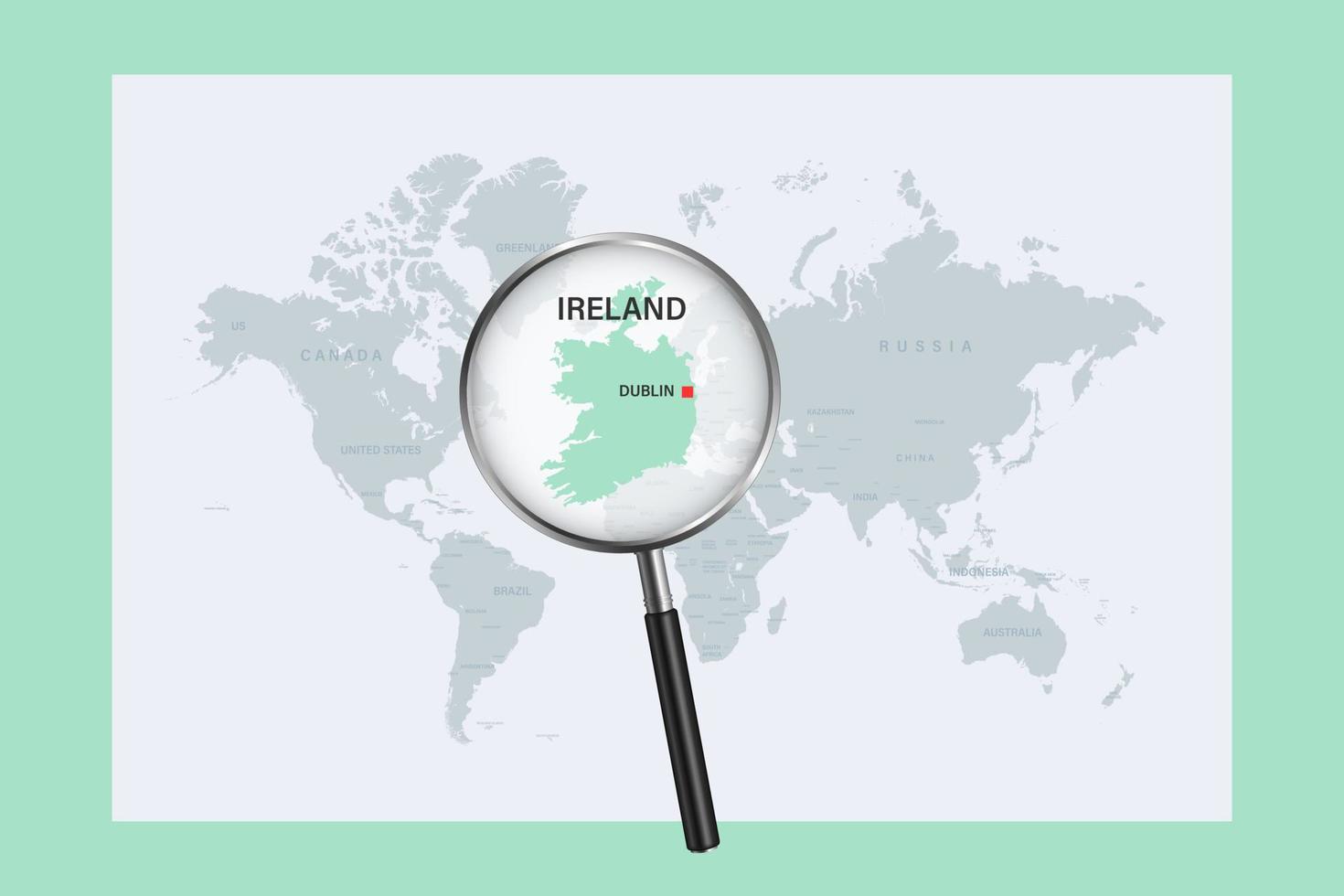 Map of Ireland on political world map with magnifying glass vector