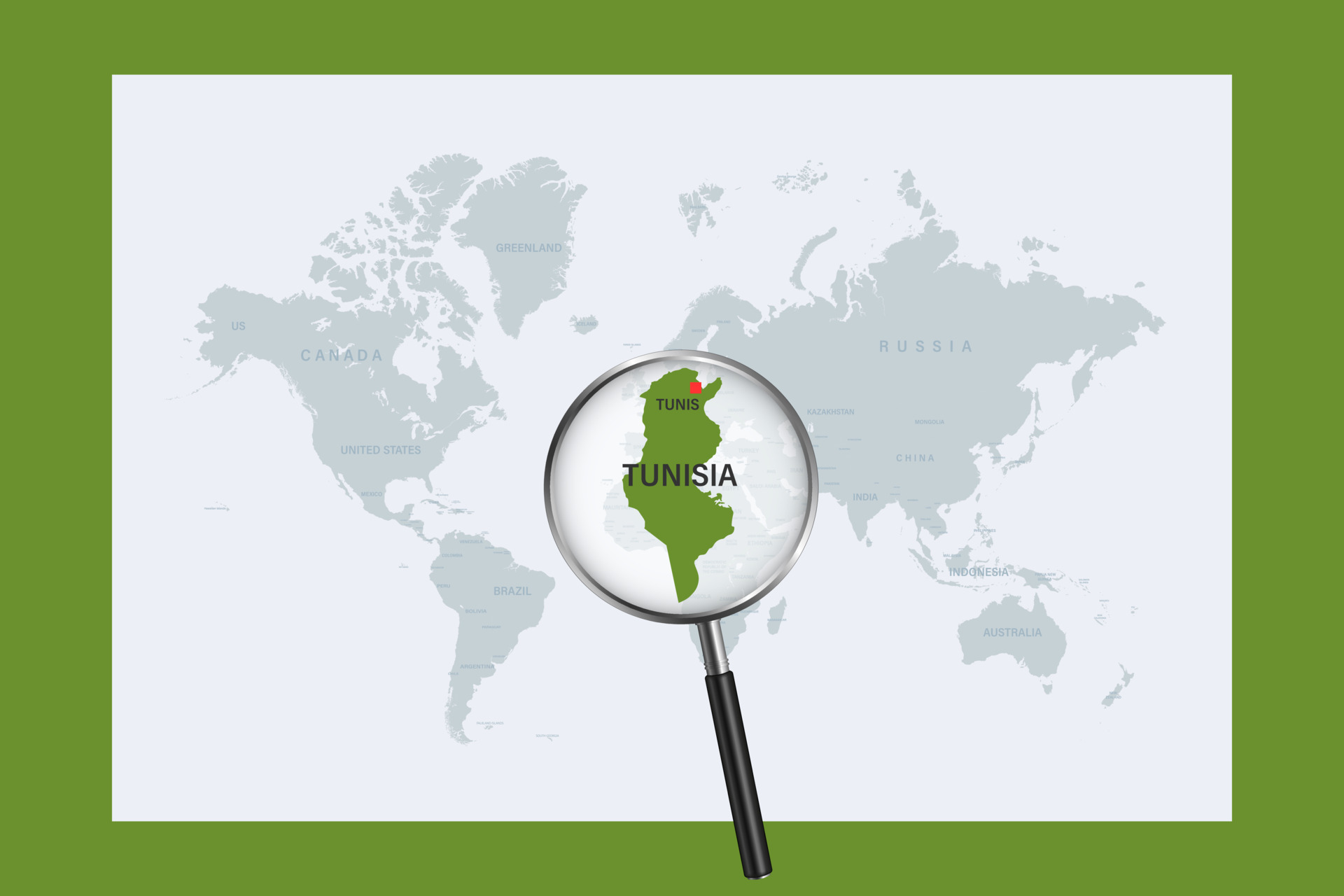 Map Of Tunisia On Political World Map With Magnifying Glass 10410715 Map Of Tunisia On Political World Map With Magnifying Glass Vector