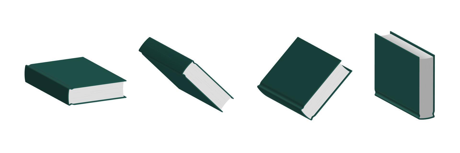 Set of closed dark green books in different positions for bookstore vector