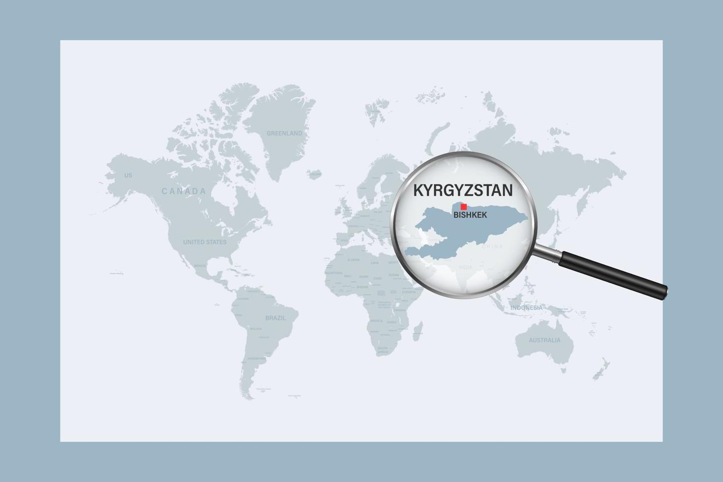 Map of Kyrgyzstan on political world map with magnifying glass vector