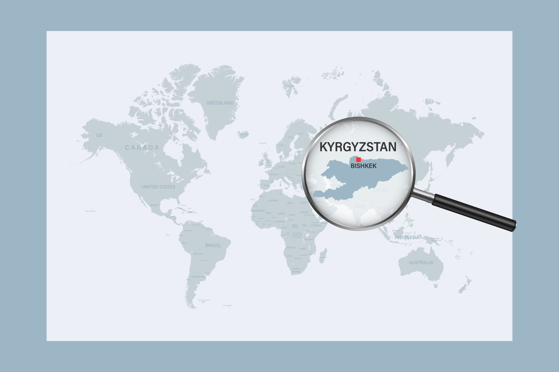 Map Of Kyrgyzstan On Political World Map With Magnifying Glass 10410727 Map Of Kyrgyzstan On Political World Map With Magnifying Glass Vector