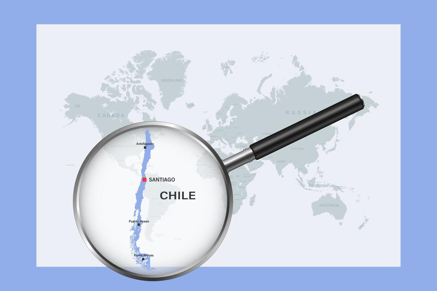 Map of Chile on political world map with magnifying glass vector