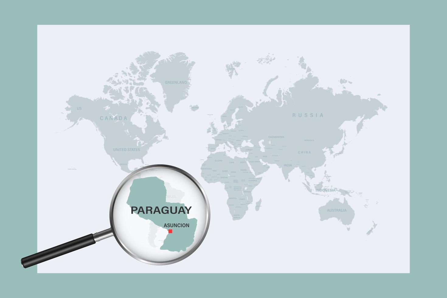 Map of Paraguay on political world map with magnifying glass vector