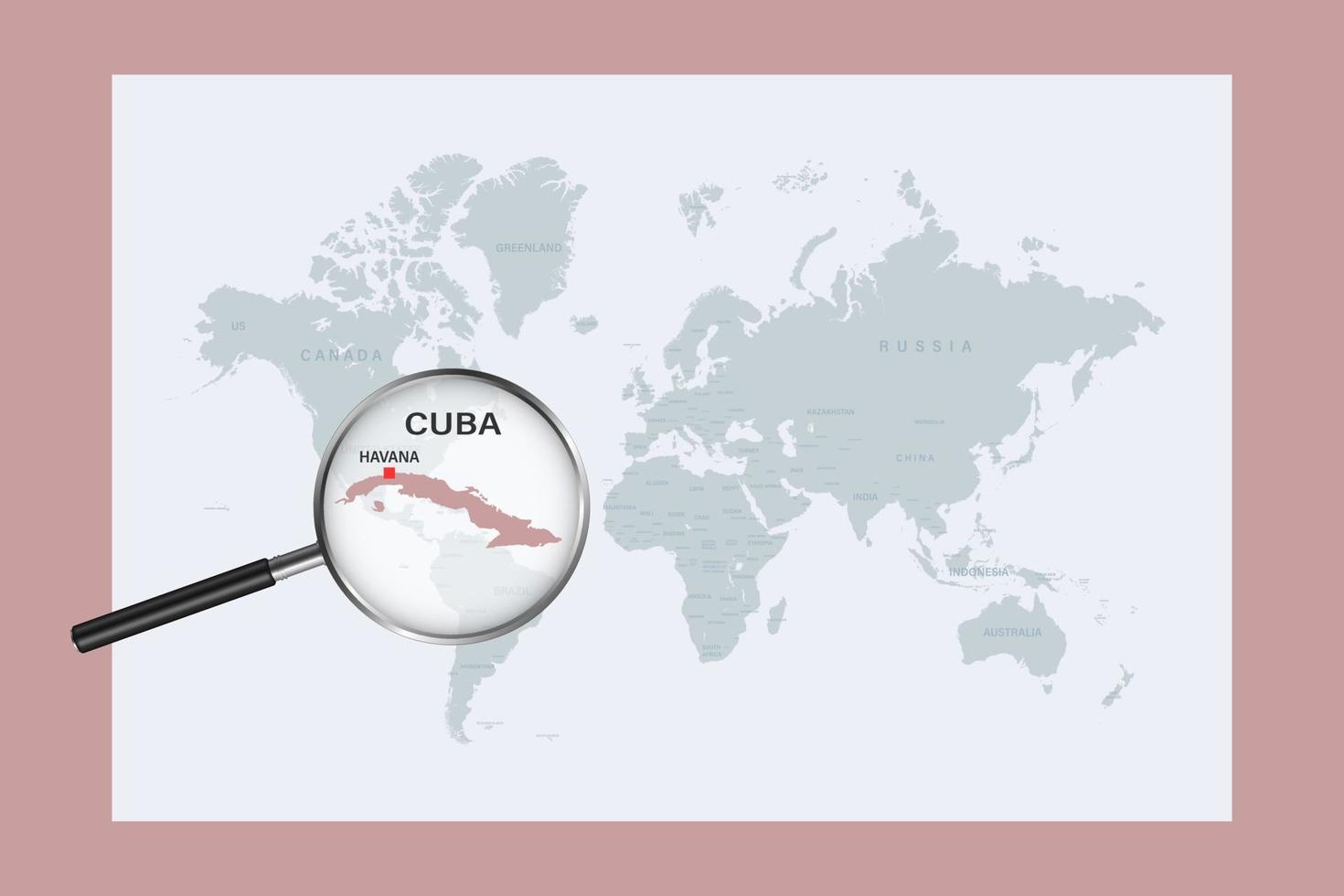 Map of Cuba on political world map with magnifying glass vector